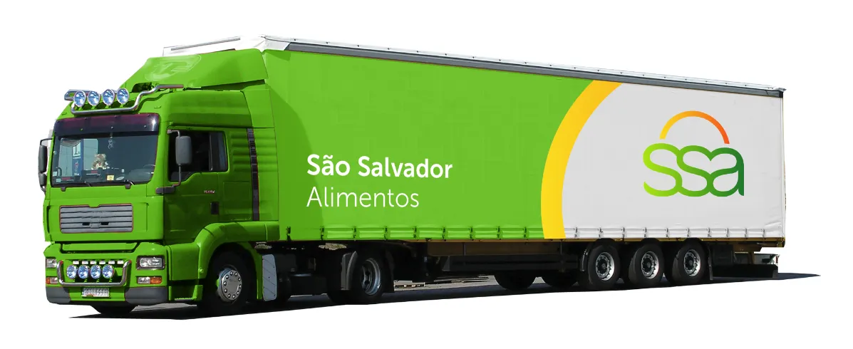 São Salvador Alimentos — Identidade visual aplicada em carreta frigorífica